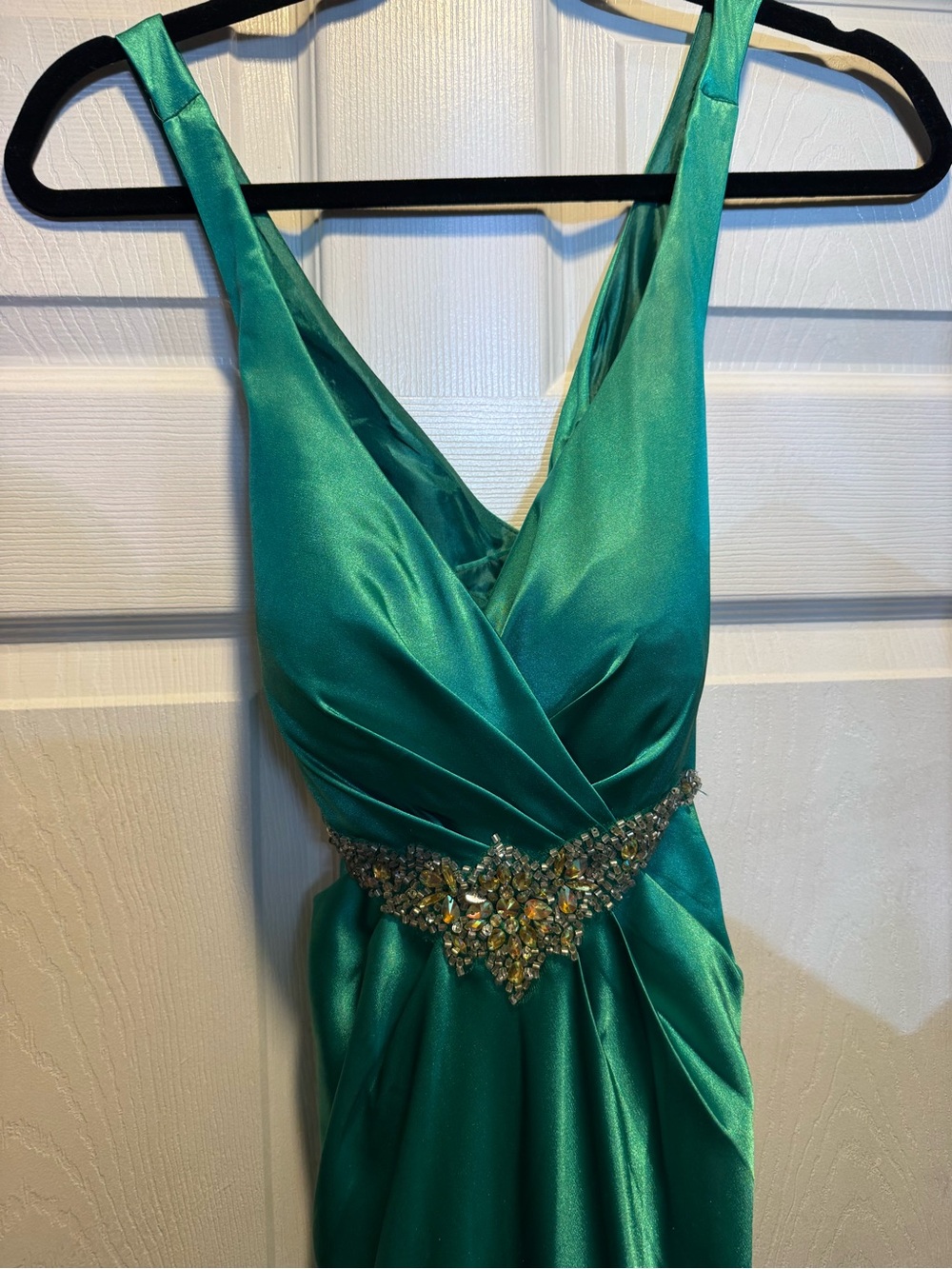 Emerald Green Satin Prom/ Evening Gown with Jeweled Waist